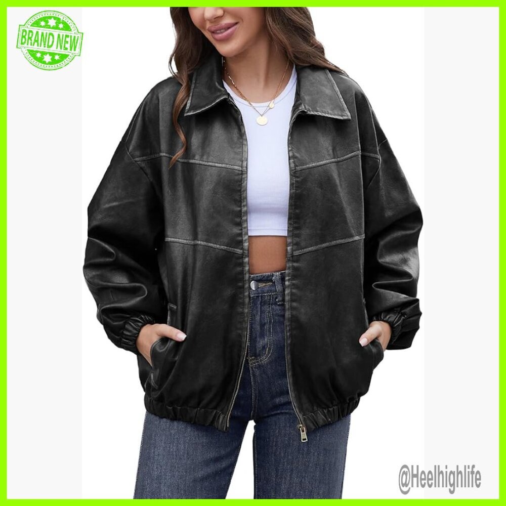 Oversized Faux Leather Bomber Jacket Plus Size Y2K Vintage Motorcycle Coat